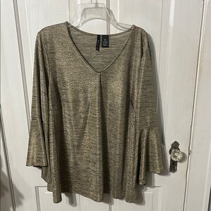 Green Tan Tunic with 3/4 Flutter Sleeves and Relaxed Fit